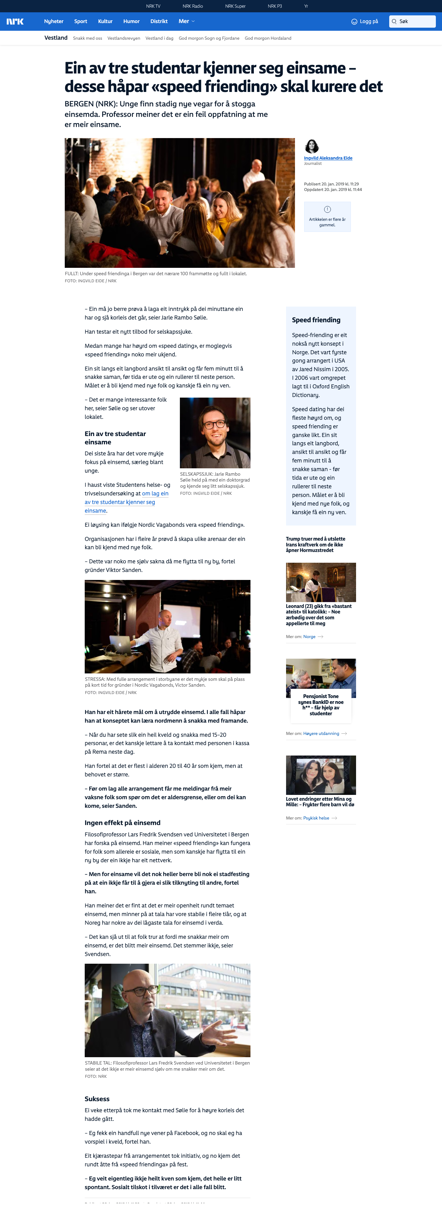 Skjermbilde: Ein av tre studentar kjenner seg einsame — desse håpar speed friending skal kurere det — NRK Vestland